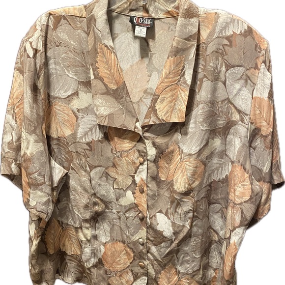 100% silk vintage Women's Leaf Print Top - Brown and Cream and peach size 3X - Picture 1 of 13